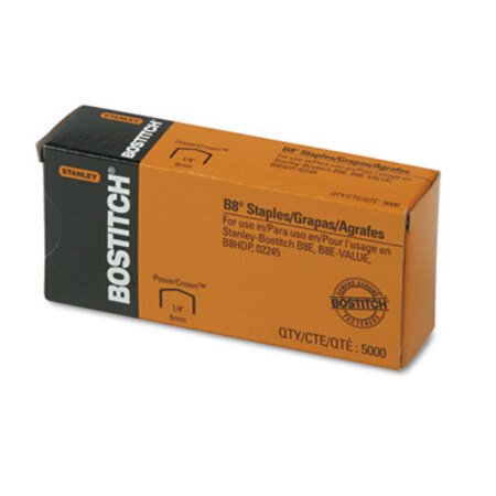 Bostitch® B8 PowerCrown Premium Staples, 0.25" Leg, 0.5" Crown, Steel, 5,000/Box