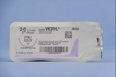 Suture with Needle Coated Vicryl Absorbable Coated Undyed Suture Braided Polyglactin 910 Size 2 - 0 27 Inch Suture 1-Needle 36.4 mm Length 1/2 Circle Blunt Point Needle