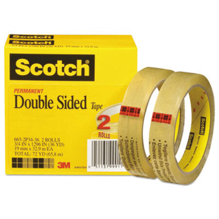 Scotch® Double-Sided Tape, 3" Core, 0.75" x 36 yds, Clear, 2/Pack