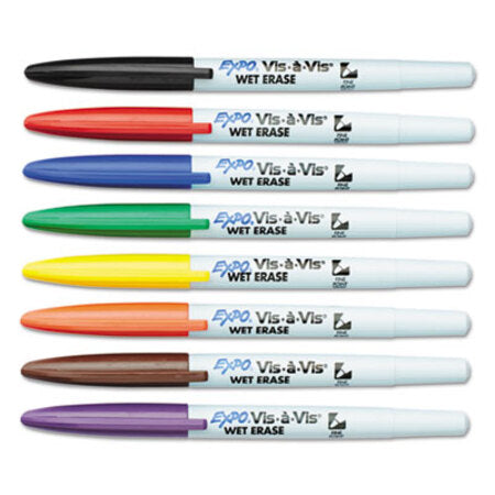 Expo® Vis-a-Vis Wet Erase Marker, Fine Bullet Tip, Assorted Colors, 8/Set