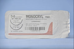 Suture with Needle Monocryl Absorbable Uncoated Undyed Suture Monofilament Poliglecaprone Size 3 - 0 54 Inch Suture Double-Armed 36 mm Length 1/2 Circle Taper Point / Reverse Cutting Needle