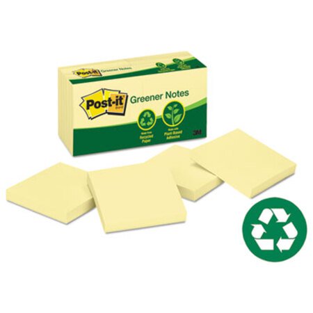 Post-it® Greener Notes Recycled Note Pads, 3 x 3, Canary Yellow, 100-Sheet, 12/Pack