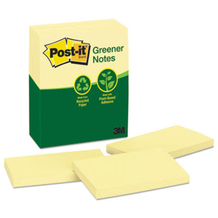 Post-it® Greener Notes Recycled Note Pads, 3 x 5, Canary Yellow, 100-Sheet, 12/Pack