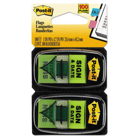 Post-it® Flags Arrow Message 1" Page Flags, "Sign and Date", Green, 2 50-Flag Dispensers/Pack