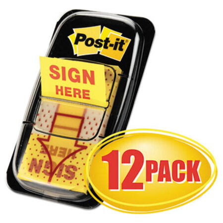 Post-it® Flags Arrow Message 1" Page Flags, Sign Here, Yellow, 50/Dispenser, 12 Dispensers/PK