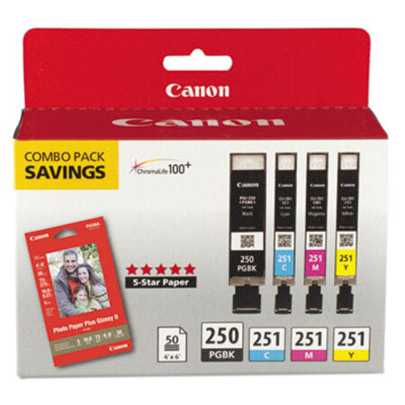 Canon® 6497B004 (PGI-250; CLI-251) Ink/Paper Combo, Black/Cyan/Magenta/Yellow