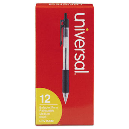 Universal™ Comfort Grip Retractable Ballpoint Pen, 1mm, Black Ink, Clear Barrel, Dozen
