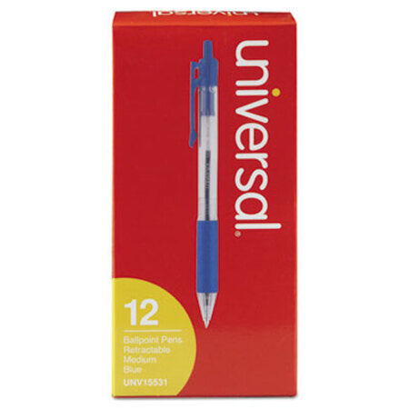 Universal™ Comfort Grip Retractable Ballpoint Pen, 1mm, Blue Ink, Clear Barrel, Dozen