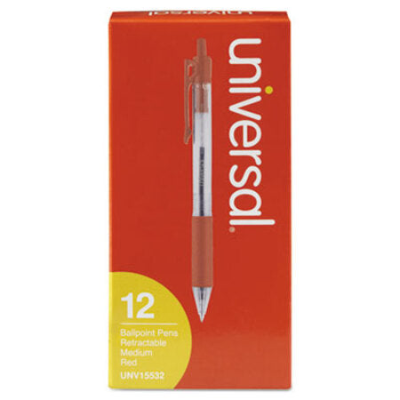 Universal™ Comfort Grip Retractable Ballpoint Pen, Medium 1mm, Red Ink, Clear Barrel, Dozen
