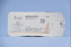 Suture with Needle Monocryl Absorbable Uncoated Undyed Suture Monofilament Poliglecaprone Size 0 27 Inch Suture 1-Needle 36 mm Length 1/2 Circle Reverse Cutting Needle