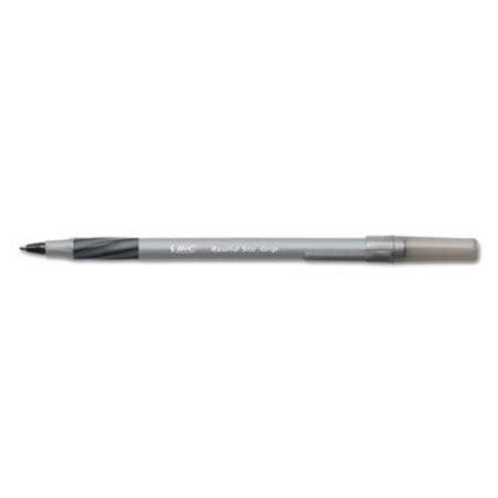 Bic® Round Stic Grip Xtra Comfort Stick Ballpoint Pen, 0.8mm, Black Ink, Gray Barrel, Dozen