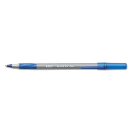 Bic® Round Stic Grip Xtra Comfort Stick Ballpoint Pen, 1.2mm, Blue Ink, Gray Barrel, Dozen