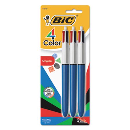 Bic® 4-Color Retractable Ballpoint Pen, 1 mm, Black/Blue/Green/Red Ink, Blue Barrel, 3/Pack