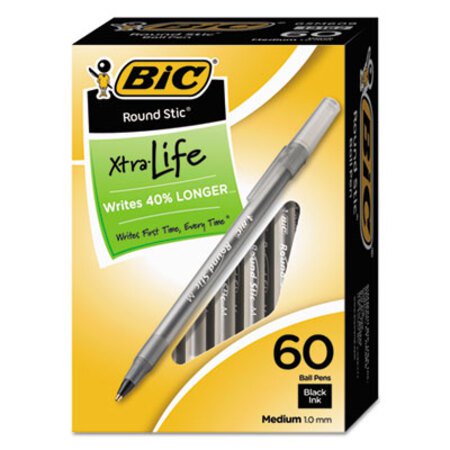 Bic® Round Stic Xtra Life Stick Ballpoint Pen Value Pack, 1 mm, Black Ink, Smoke Barrel, 60/Box