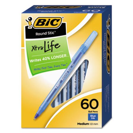 Bic® Round Stic Xtra Life Stick Ballpoint Pen Value Pack, 1 mm, Blue Ink, Translucent Blue Barrel, 60/Box