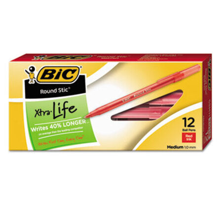 Bic® Round Stic Xtra Life Stick Ballpoint Pen, 1 mm, Red Ink, Translucent Red Barrel, Dozen