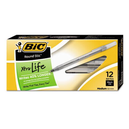 Bic® Round Stic Xtra Life Stick Ballpoint Pen, 1 mm, Black Ink, Smoke Barrel, Dozen