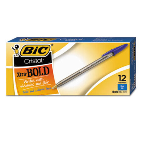Bic® Cristal Xtra Bold Stick Ballpoint Pen, Bold 1.6mm, Blue Ink, Clear Barrel, Dozen
