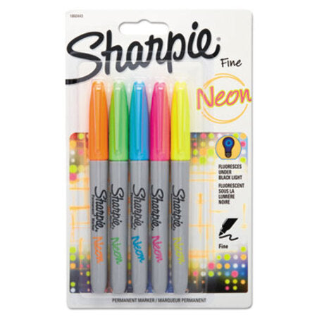 Sharpie® Neon Permanent Markers, Fine Bullet Tip, Assorted Colors, 5/Pack