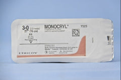 Suture with Needle Monocryl Absorbable Uncoated Undyed Suture Monofilament Poliglecaprone Size 3 - 0 27 Inch Suture 1-Needle 60 mm Length Straight Conventional Cutting Needle