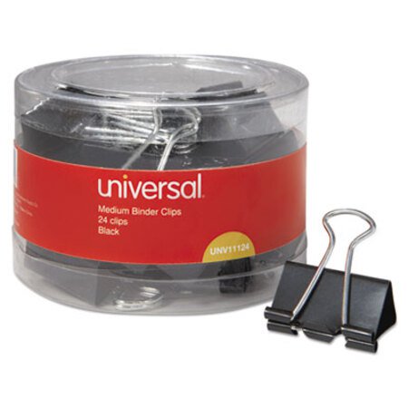 Universal® Binder Clips in Dispenser Tub, Medium, Black/Silver, 24/Pack