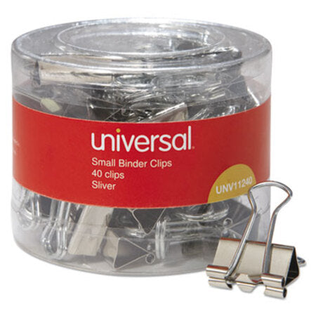 Universal® Binder Clips in Dispenser Tub, Small, Silver, 40/Pack