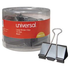 Universal® Binder Clips in Dispenser Tub, Large, Black/Silver, 12/Pack