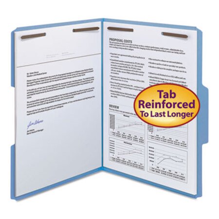Smead® WaterShed/CutLess Reinforced Top Tab 2-Fastener Folders, 1/3-Cut Tabs, Letter Size, Blue, 50/Box