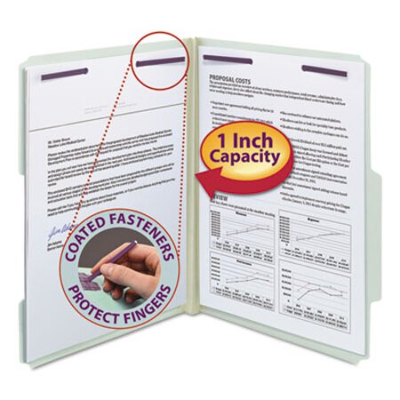 Smead® Recycled Pressboard Folders w/Two SafeSHIELD Fasteners, 2/5-Cut Tab, Right of Center, 2" Exp, Letter Size, Gray-Green, 25/Box