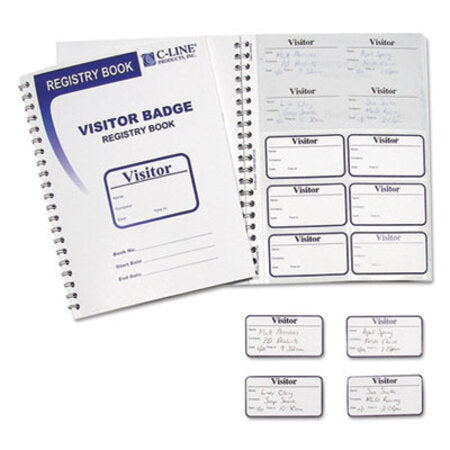 C-Line® Visitor Badges with Registry Log, 3 5/8 x 1 7/8, White, 150 Badges/Box