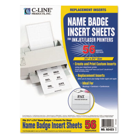 C-Line® Name Badge Inserts, 3 1/2 x 2 1/4, White, 56/Pack