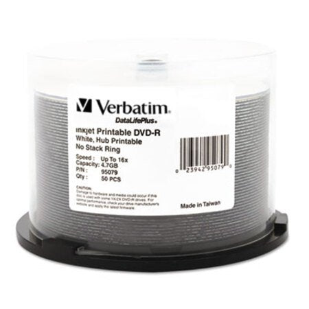 Verbatim® DVD-R Discs 4.7GB 16X DataLifePlus White Inkjet Printable, 50/PK Spindle
