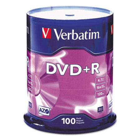 Verbatim® DVD+R Discs, 4.7GB, 16x, Spindle, 100/Pack