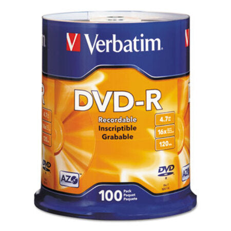 Verbatim® DVD-R Discs, 4.7GB, 16x, Spindle, Silver, 100/Pack