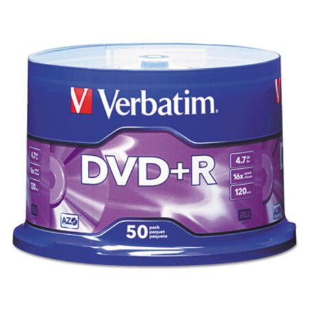 Verbatim® DVD+R Discs, 4.7GB, 16x, Spindle, Matte Silver, 50/Pack