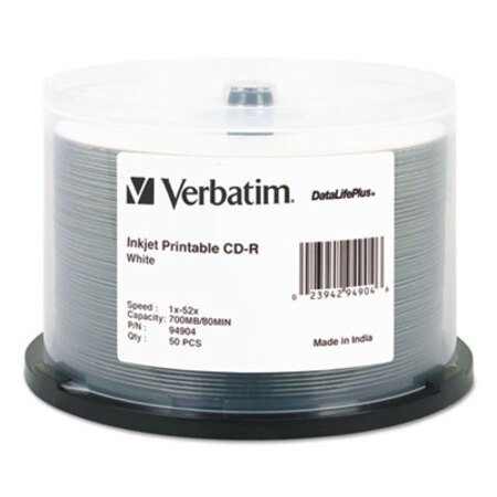 Verbatim® CD-R Discs, Printable, 700MB/80min, 52x, Spindle, White, 50/Pack