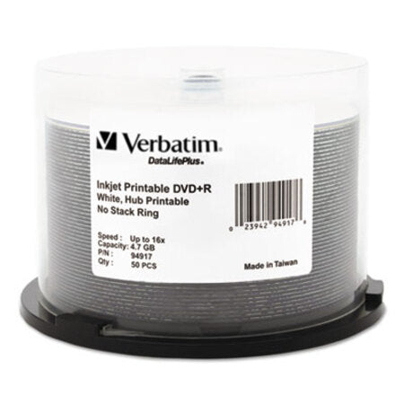 Verbatim® Inkjet Printable DVD+R Discs, 4.7GB, 16x, Spindle, White, 50/Pack