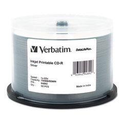 Verbatim® CD-R Discs, Printable, 700MB/80min, 52x, Spindle, Silver, 50/Pack