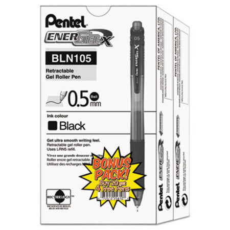 Pentel® EnerGel-X Retractable Gel Pen, 0.5 mm Needle Tip, Black Ink/Barrel, 24/Pack