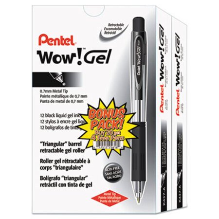 Pentel® WOW! Retractable Gel Pen, Medium 0.7 mm, Black Ink, Clear/Black Barrel, 24/Pack