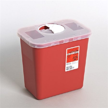 Cardinal Sharps Container Renewables™ 10 H X 10-1/2 W X 7-1/4 D Inch 2 Gallon Red Base / Translucent Lid Vertical Entry Rotating Lid