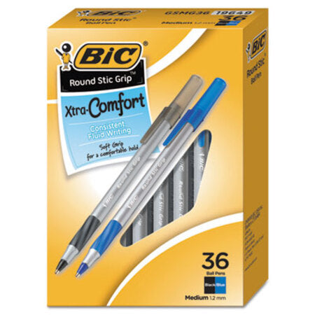 Bic® Round Stic Grip Xtra Comfort Stick Ballpoint Pen Value Pack, 1.2mm, Assorted Ink/Barrel, 36/Pack