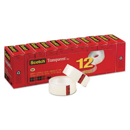 Scotch® Transparent Tape, 1" Core, 0.75" x 83.33 ft, Transparent, 12/Pack