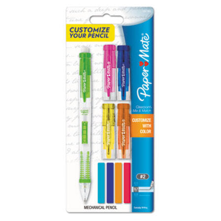 Paper Mate® Clearpoint Mix and Match Mechanical Pencil, 0.7 mm, HB (#2.5), Black Lead, Clear Barrels, Green Accents/Assorted Tops