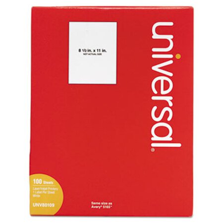 Universal® White Labels, Inkjet/Laser Printers, 8.5 x 11, White, 100/Box
