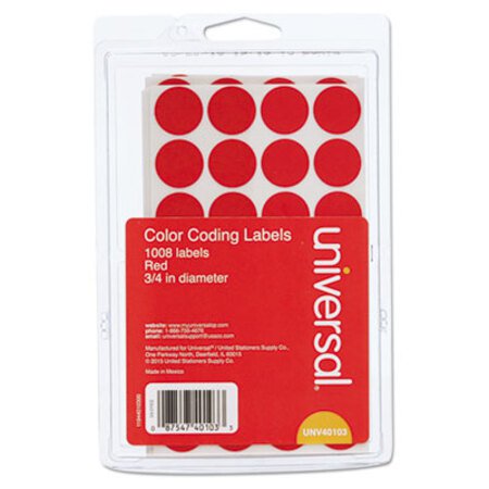 Universal® Self-Adhesive Removable Color-Coding Labels, 0.75" dia., Red, 28/Sheet, 36 Sheets/Pack