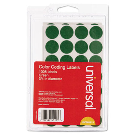 Universal® Self-Adhesive Removable Color-Coding Labels, 0.75" dia., Green, 28/Sheet, 36 Sheets/Pack