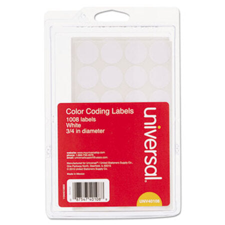 Universal® Self-Adhesive Removable Color-Coding Labels, 0.75" dia., White, 28/Sheet, 36 Sheets/Pack