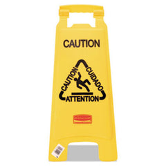 Rubbermaid® Commercial Multilingual "Caution" Floor Sign, Plastic, 11 x 12 x 25, Bright Yellow