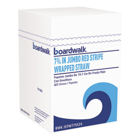 Boardwalk® Wrapped Jumbo Straws, 7 3/4", Plastic, Red w/White Stripe, 400/Pack